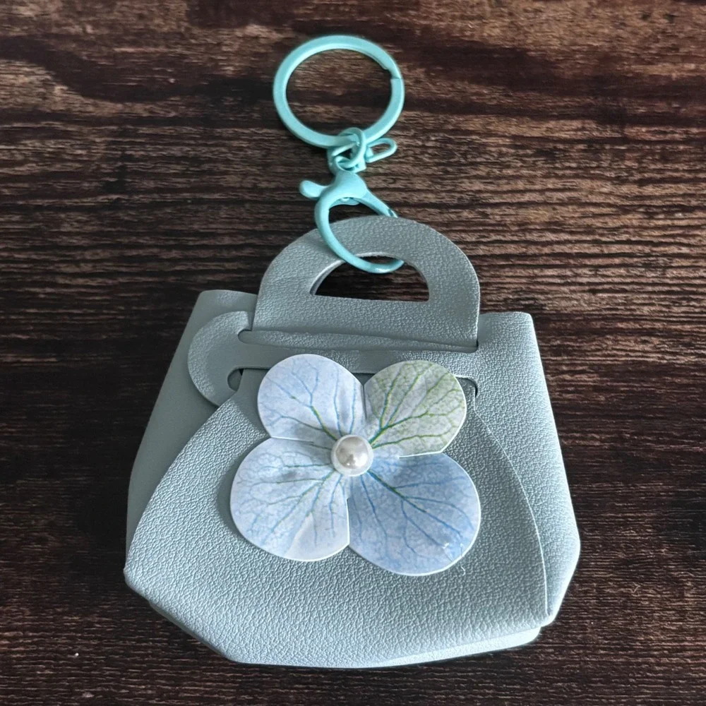 Green Blue Mini Handbag Keychain with Floral Pearl Detail Pouch Accessory